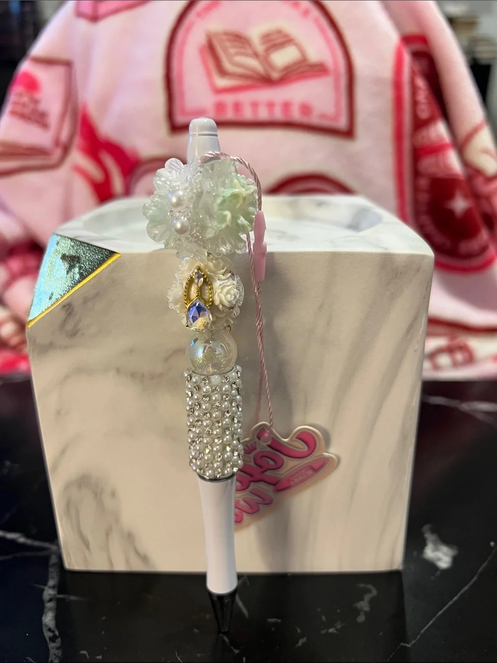 Embellished Pearl & Crystal Floral Ballpoint Pen - White & Pastel